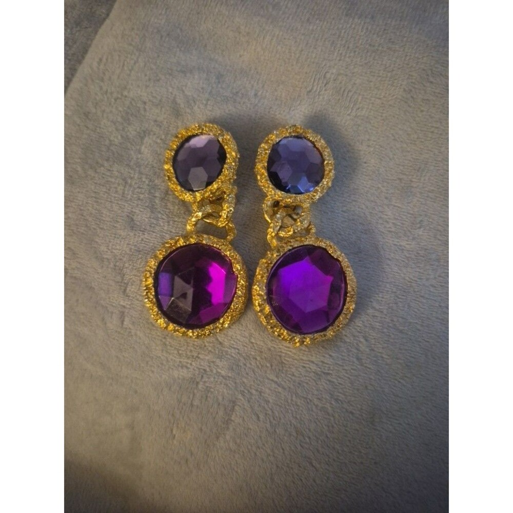 Vintage Purple Rhinestones Clip on Drop Earrings